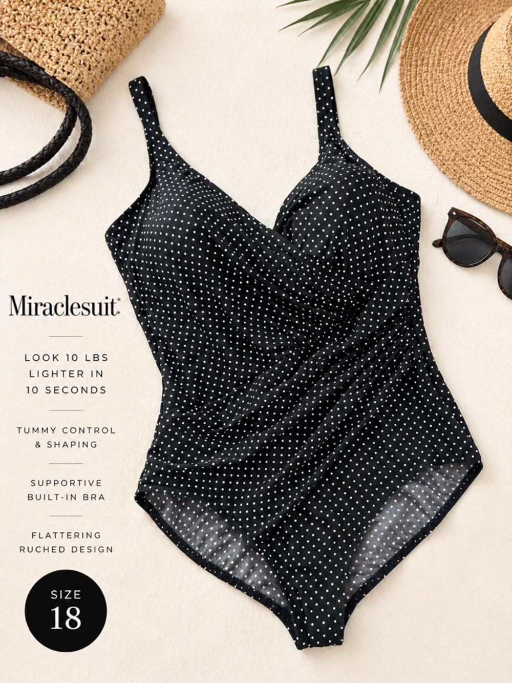 Miraclesuit Black Polka Dot One Piece Swimsuit Ruched Tummy Control 18